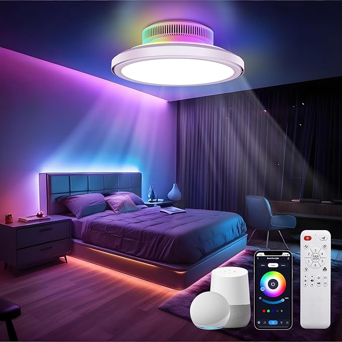 18" Bladeless Ceiling Fans, Low Profile Ceiling Fan with Light, RGB Ceiling Fan Support Alexa with Voice/Remote/APP Control, 6 Speeds Modern Flush Mount Smart Ceiling Fans for Bedroom, White