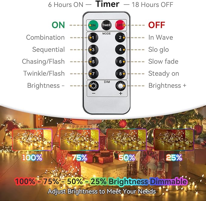 Battery Fairy Light Outdoor 33Ft 100 LED Christmas Lights for Indoor Outdoor Waterproof with Remote Control Timer Battery Operated String Lights for Garden Party Wedding Xmas Trees Décor
