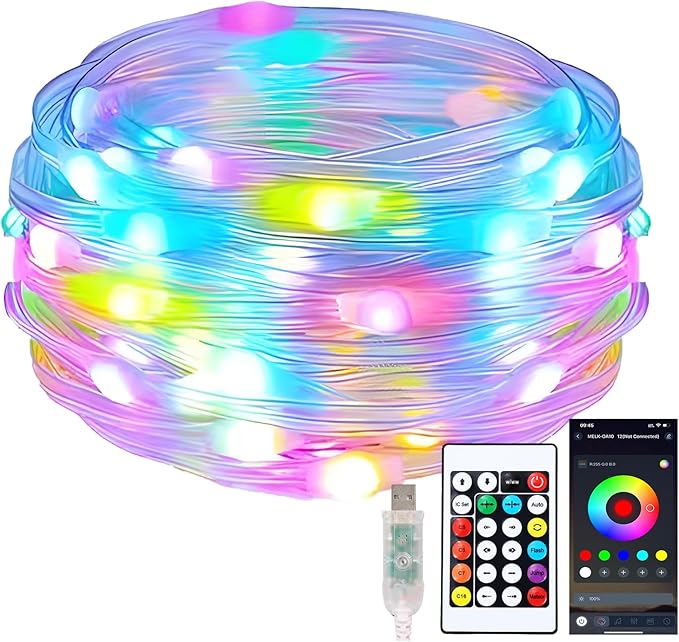 Color Changing Fairy Lights with Remote, USB 32.8ft RGB+IC Light Twinkle Bluetooth APP Control,Dimmable Xmas Music Sync Lights Timer IP67 Waterproof for Christmas Tree Indoor Outdoor Decor