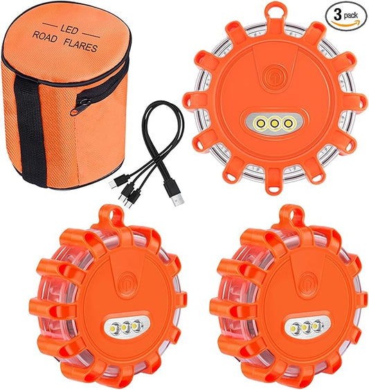 USB C Rechargeable LED Road Flares Emergency Lights with Magnetic Base, 9 Strobe Options Roadside Emergency Warning Car Safety Beacon Flashing Disc Flare Kit for Vehicles & Boat, 3 Pack