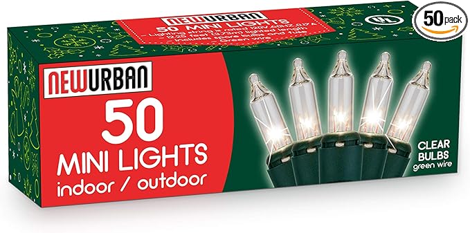 50 Christmas Mini Lights Set - 12.3 ft / 3.7 m - 120V - Clear Warm White Bulbs 2800K - Green Wire - Decor Lights for Patio Garden Wedding Holiday Christmas Tree - Indoor and Outdoor Decorative Use