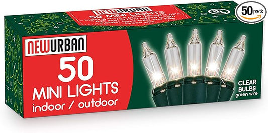 50 Christmas Mini Lights Set - 12.3 ft / 3.7 m - 120V - Clear Warm White Bulbs 2800K - Green Wire - Decor Lights for Patio Garden Wedding Holiday Christmas Tree - Indoor and Outdoor Decorative Use