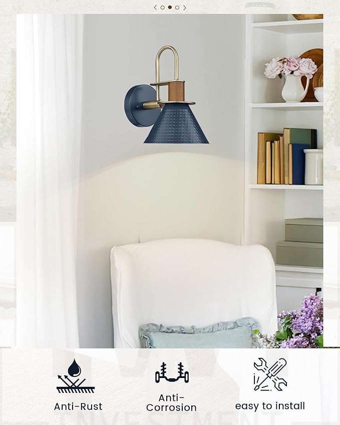 Rustic Wall Sconces Set of Two, HWH Indoor Wall Sconce 1-Light Barn Vanity Light, Gooseneck Barn Wall Lamp for Bathroom Bedroom Kitchen, Hammered Metal Shade, Navy Blue Finish, 5HZG74B-2L BL+BG