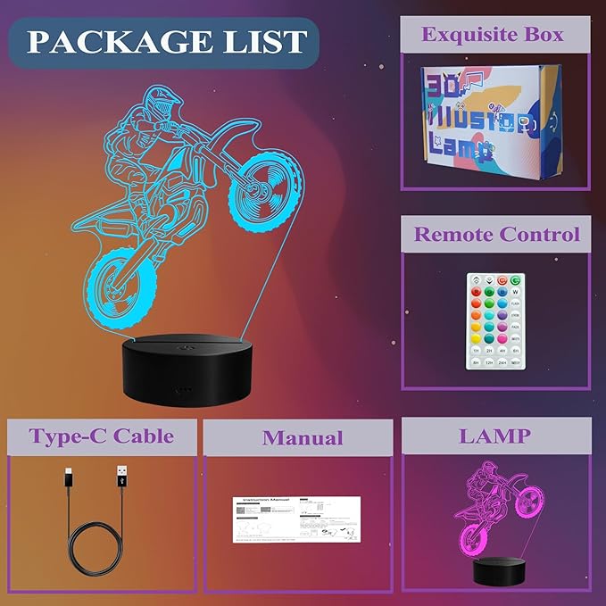 Dirt Bike Night Light, Dirt Bike Gifts, 3D Illusion Lamp with Remote Control, 16 RGB Colors, 4 Flashing Modes, Timer, Dimmable, Kids Room Decoration for Holiday Birthday Christmas