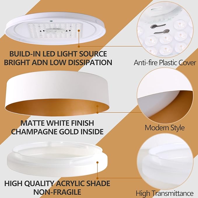 Bargeni 16.5 inch Dimmable LED Flush Mount Ceiling Light, Matte White with Gold Inside, 3000K/Warm White/30W, Modern Light Fixture for Closet and Hallway
