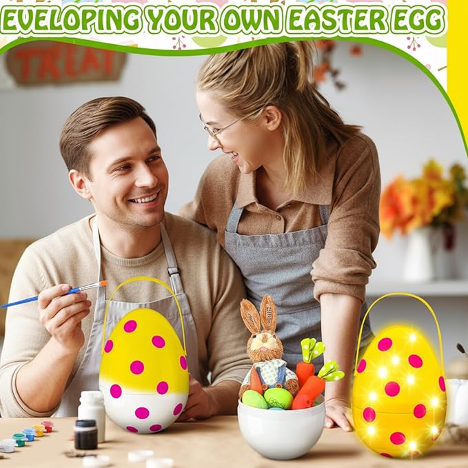 8 Sets Jumbo Easter Egg Plastic Fillable 10 Inch Giant Paintable Eggs with Handles Large White DIY Containers Paint Your Own Egg Lamp Kit for Easter Decor Basket Stuffers Fillers