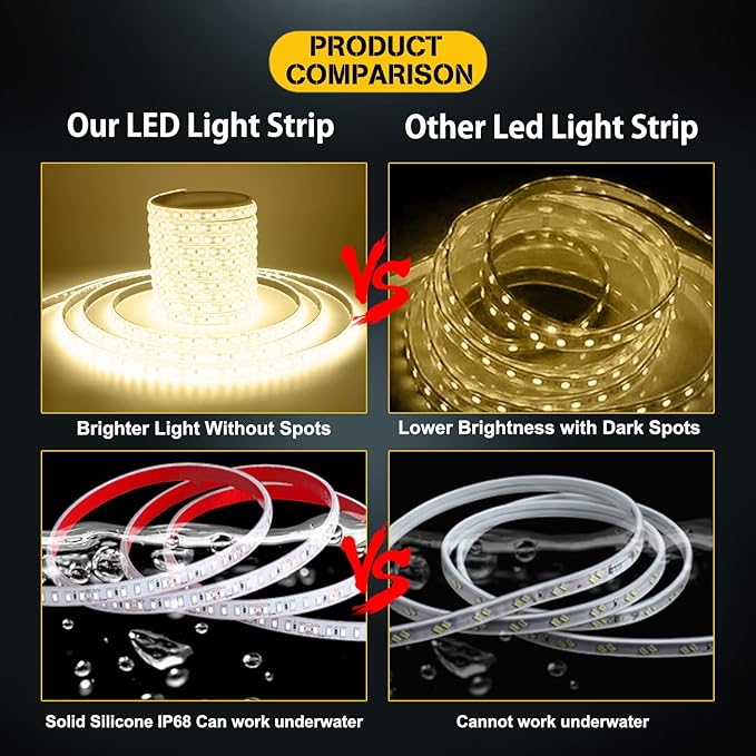YM E-Bright Warm White Flexible LED Strip Lights Waterproof IP68 with 5A Power Adapter 12V Led Light Strips 5M /16.4Ft 600SMD for Home Kitchen Under Cabinet Stage Party Decoration Light