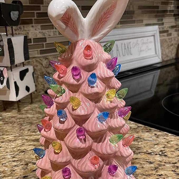 2026 Newly Lighted Easter Bunny Resin Tabletop Tree 6 Inches Pre-Lit Rabbit Figurines with Colorful Lamp Beads and Bunny Ear Top Spring Easter Holiday Decor Gifts