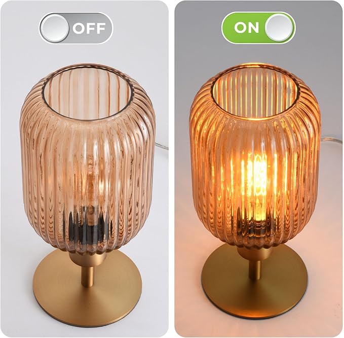 Mid Century Glass Table Lamp,Dimmable Desk Lamp,LED Bulb Included,Timer Build-in,Cognac Amber Ribbed Glass