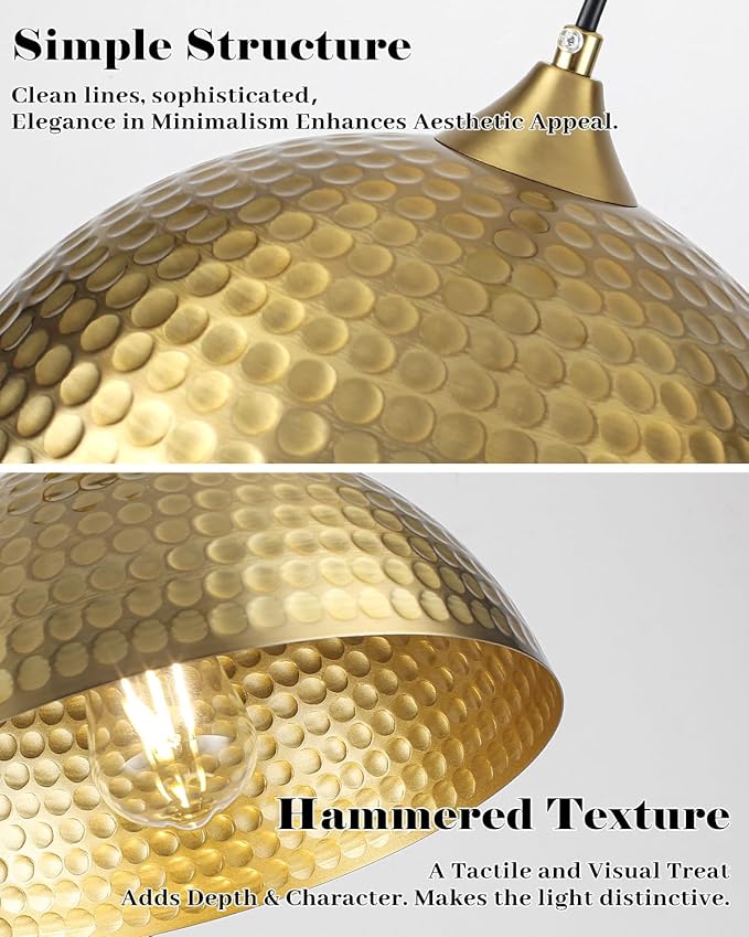 HLOHATAL Hammered Dome Pendant Light 1 Pack, Gold Dome Pendant Light, 12 Inch Metal Industrial Pendant Lights, Kitchen Island Pendant Lights for Kitchen, Dining Room, Bar