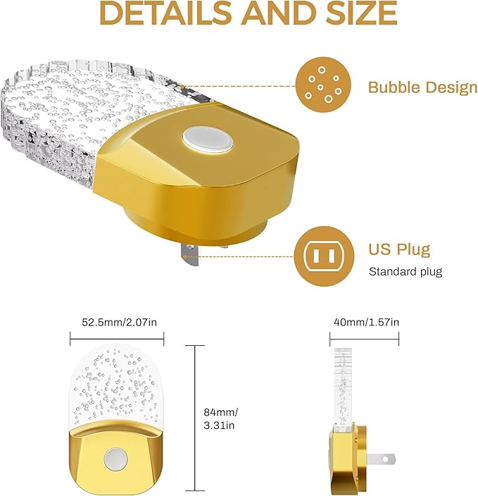 Briignite Night Lights Plug into Wall, 2 Pack, 8 Color Changing Night Light Room Decor, RGB LED Nightlight witih Dusk to Dawn Sensor for Kids Bedroom, Bedroom, Hallway, Gold Cover