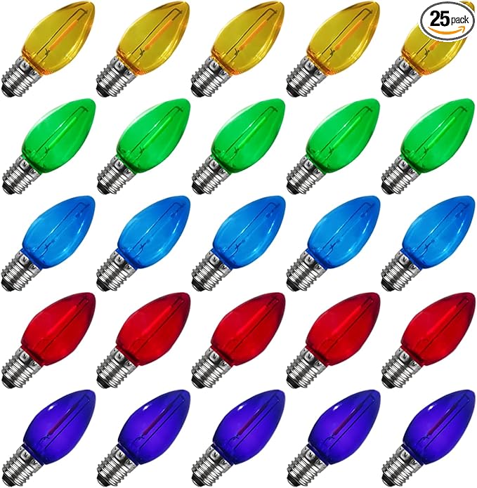 C9 Multicolor Christmas Light Bulbs, 25 Pack C9 LED Christmas Replacement Bulbs, Vintage Christmas Bulbs for Night Light Outdoor Christmas String Lights, E17/C9 Intermediate Base, 0.6 Watt