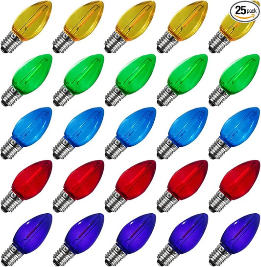 C9 Multicolor Christmas Light Bulbs, 25 Pack C9 LED Christmas Replacement Bulbs, Vintage Christmas Bulbs for Night Light Outdoor Christmas String Lights, E17/C9 Intermediate Base, 0.6 Watt
