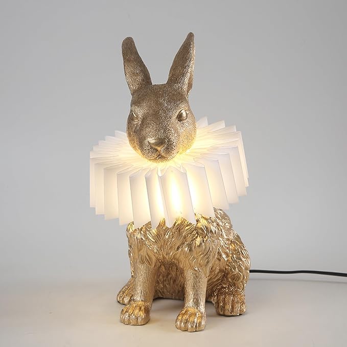Scarf Rabbit Table Lamp,Resin Crafted Gold Bunny Lamp Featuring White Pleated PC Lampshade,USB Plug,Energy-Efficient Nightstand Lamp (Gold Sitting)