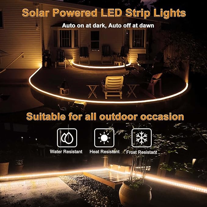 Solar Powered Strip Lights Outdoor Waterproof, 16.4Ft 320 LED Strip Lights with Remote, Timer, 8 Modes, Cuttable, Strip Lights for Cabinet Stair Patio Walkway Decor (Warm White)