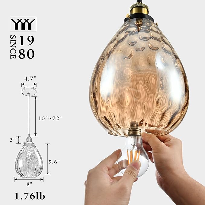 Modern Glass Pendant Light, 8"x9.6" Amber Ribbed Hanging Light Fixture with Gold Cap, 15"-72" Adjustable Cord, E26 Socket for Kitchen or Entryway – Sunrise Glow Teardrop