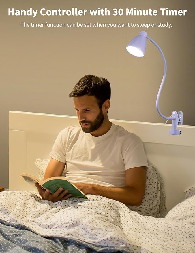 BOHON Desk Lamp with Clamp, 10W 38 LED Clip on Light, 5 Color 10 Brightness Auto Off Timer, Flexible Gooseneck Clip Lamp, Desk Lights for Office Home Bed Bedside Reading, Lilac Purple