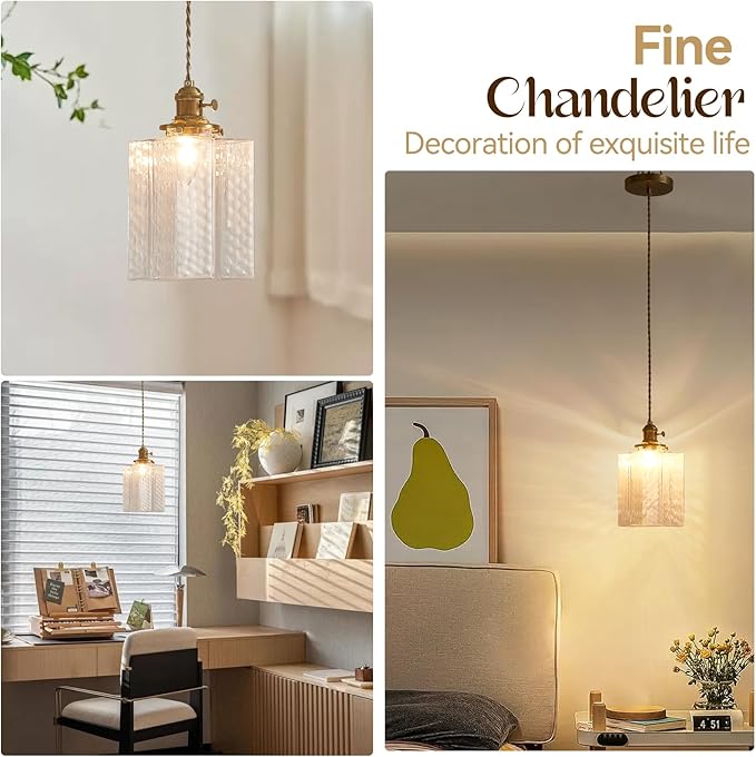 Hanging Lamp, 6.5 Inchs Cuboid Glass Lampshade Farmhouse Pendant Lights Kitchen Island 6.5ft Braided Light Cord Hanging Light for Bedroom Hallway Light Fixture with Light Bulb