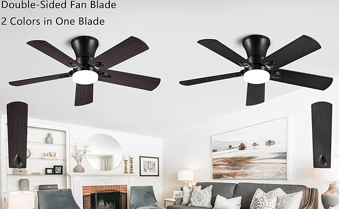 Ceiling Fans with Lights, 42 inch Low Profile Ceiling Fan with Light and Remote Control, Flush Mount, Reversible, 3CCT, Dimmable, Noiseless, Black Ceiling Fan for Bedroom, Indoor/Outdoor Use