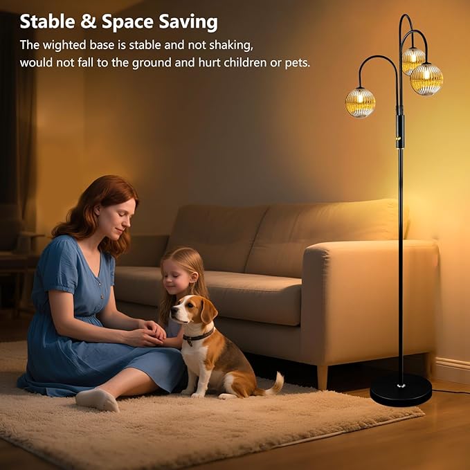 Lightdot 70IN Dimmable Floor Lamp for Living Room, 3 Light LED Tree Floor Lamps with Glass Globe Shade& Bulb Included, Mid Century Standing Tall Lamp for Bedroom/Sofa Beside/Corner Decor-Black