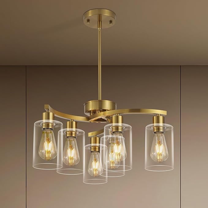 6 Light Gold Dining Room Light Fixture，Modern Farmhouse Kitchen Chandeliers Over Table，Adjustable Height Hanging Pendant Lighting for Kitchen Island ，with Glass Shade
