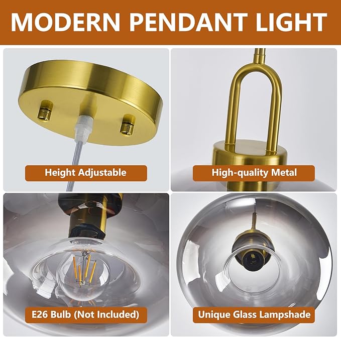 Light Smoke Gray Glass Pendant Lights Kitchen Island Gold Pendant Light Fixtures Adjustable Height Modern Pendant Lighting for Bedroom Dining Room (1-Pack)