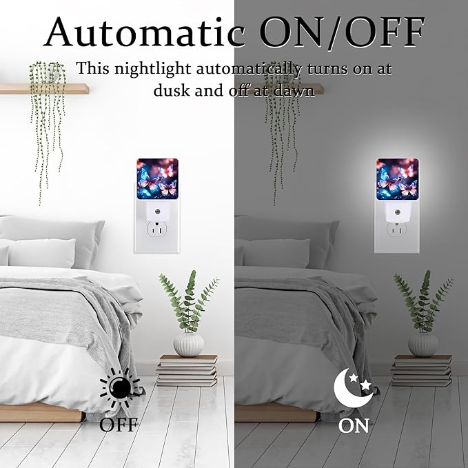 Blue Butterfly Night Light, Plug-into Wall Glitter Nightlight Lamp with Dusk to Dawn Sensor, Led Lamp 0.5W Energy Efficient for Boys Girls Adults Home Decor