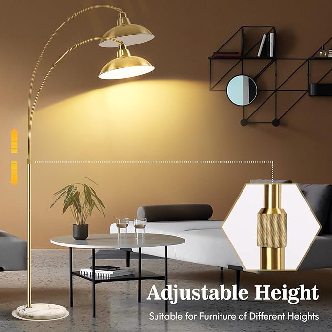 Gold Brass Arc Floor Lamp for Living Room - Mid Century Modern Standing Lamp, Overhanging Floor Lamps, Arch Stand Up Lamp & Floor Light with White Marble Base, Ideal for Bedroom Study Room