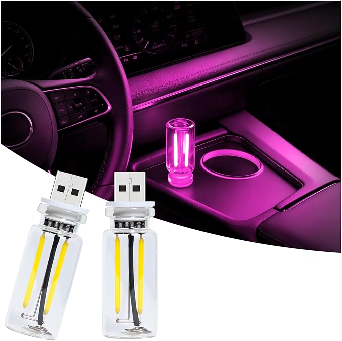 Car USB Night Light Touch Dimmable - 2-Pack Retro LED Filament Lamp for Truck Interior, Bedroom & Camping | Glass Bottle Ambiance Lighting (Pink)