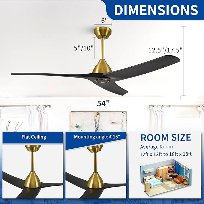 54 Inch Modern Ceiling Fan No Lights,Wood Ceiling Fan without Light,6-Speed,Reversible DC Motor,Timer,Outdoor with Remote for Bedroom Living Room Patios,Black and Gold