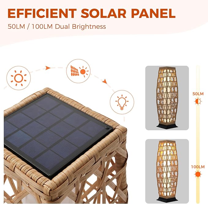 Grand patio 2-Piece Outdoor Floor Lamp Solar Lantern, Water-Resistant Wicker Boho Patio Light with 50/100 Lumens Dual Brightness & Memory Mode for Garden Porch Deck Decor, Large Cindy Natural