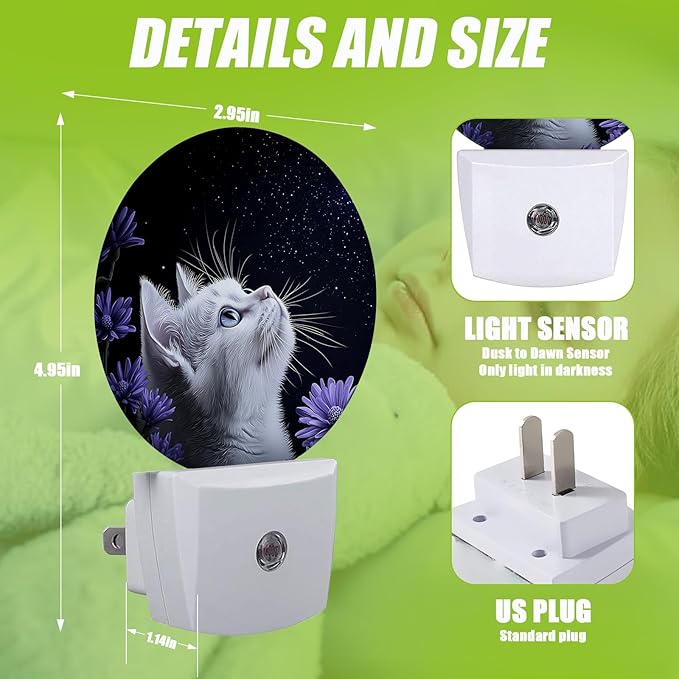 White Cat Night Light,Purple Flowers Plug-in Night Lights with Dusk-to-Dawn Sensor for Bedroom Bathroom and Living Room Sleep Friendly lamp