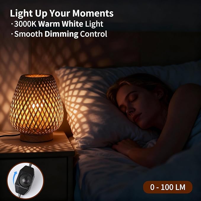 Table Lamp with Double Layer Woven Shade Wood Base,Desk Bedside Small Lamps with 6ft Power Cord, 110V Plug, Dimmable E26 Socket (Bulb Included) for Living Room Night Stands Bedroom