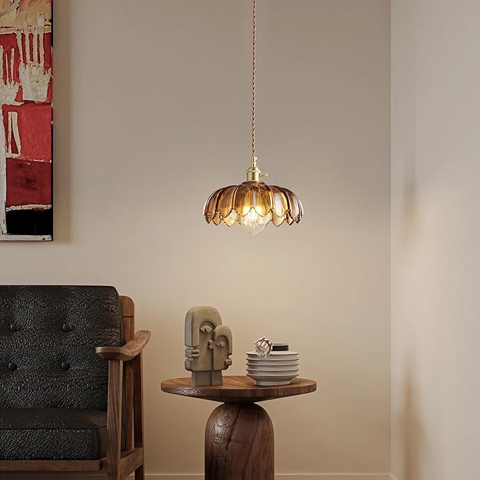Plug in Pendant Light: Amber Glass Hanging Lamp Plug in, 14.7ft Swag Lamp Cord with On/Off Switch for Kitchen Island/Dining Room/Bedroom/Living Room Hanging Light, No Bulb
