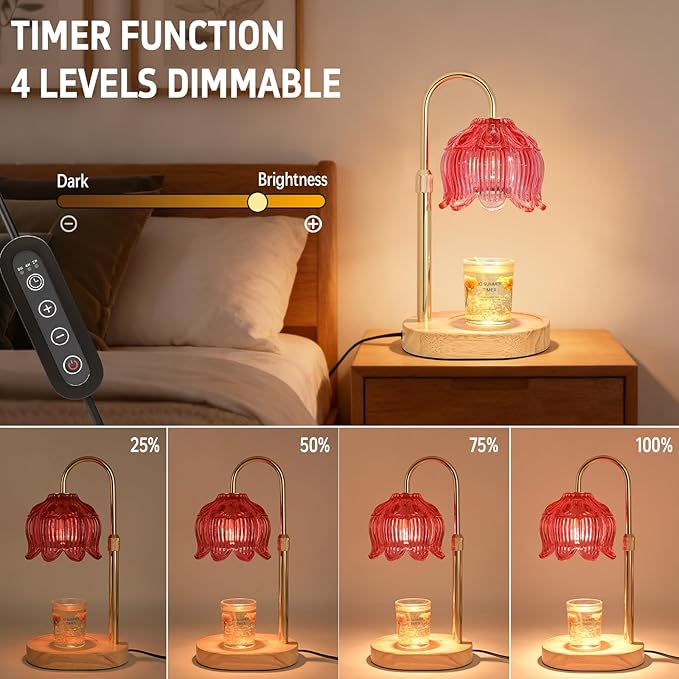 Flower Candle Warmer lamp with Timer Dimmer,Adjustable Height Candle Warmer,Fits All Jar Scented Candles,Christmas Gifts for Mom Women,Candle Lamp for Bedroom Home Decor,Red