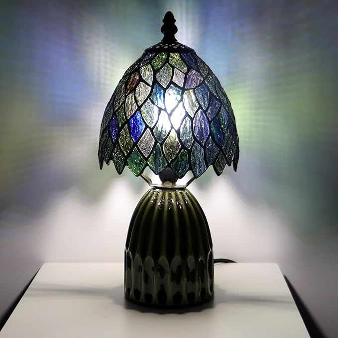 Tiffany Lamp Stained Glass Mushroom Table Lamps 6X6X12.5 Inch Multicolor Leafage Style Small Night Light Ceramic Base Mini Accent Desk Light Suitable for Bedside Table Bedroom Children Room