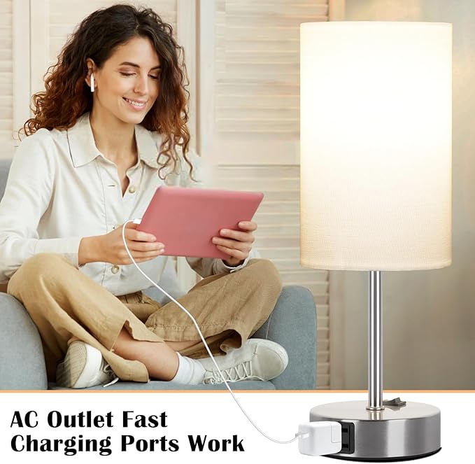 ZJOJO Table Lamp for Bedroom Set of 2, Bedside Small Lamps with 3 Way Dimmable Rocker Switch and AC Outlet, Nightstand Desk Lamp with White Fabric Shade Nickel Base for Living Room Home Decor Lights