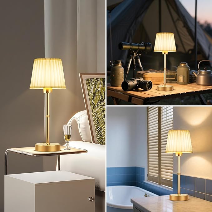 FRIDEKO HOME Rechargeable Table Lamp Gold - Cordless Battery Operated Lamp, Fabric Shade Desk Lamp, Wireless Lamp for Decor Bedroom Dining Table Counter (2pcs-Soft Fabric-Bulb Included-15.7in)