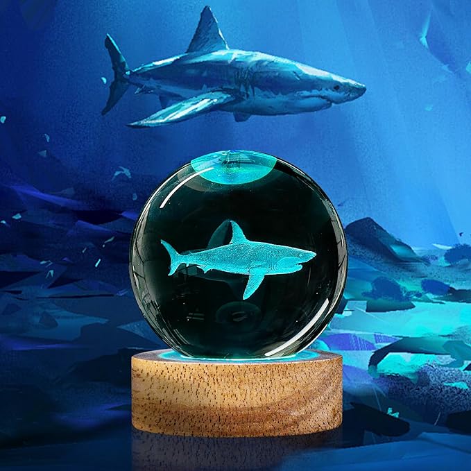 3D Shark Crystal Ball Night Light with 16 Color, Cool 60mm Shark Sea Animal Glass Figurines Lamp with Remote Shark Toy Room Table Decor Birthday Christmas Gifts for Boys Girls Kids