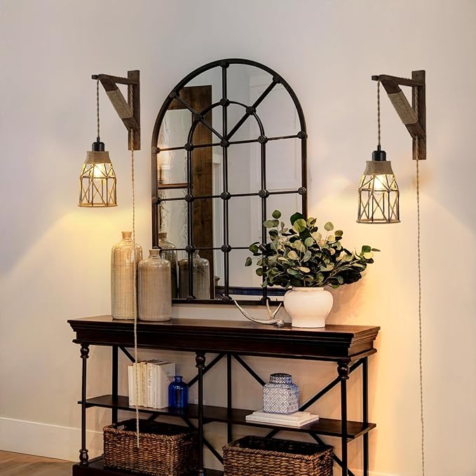 SEEBLEN Plug in Wall Sconces Set of 2,Farmhouse Hanging Lamps That Plug into Wall Outlet, Rustic Metal Cage Sconce with Wooden Bracket for Bedroom Living Room Headboard.