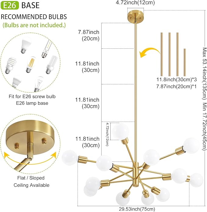 Modern Chandelier Gold Chandeliers 12-Light Mid Century Sputnik Ceiling Lighting Fixture for Living Room, Kitchen, Bedroom, Dining Room, Farmhouse