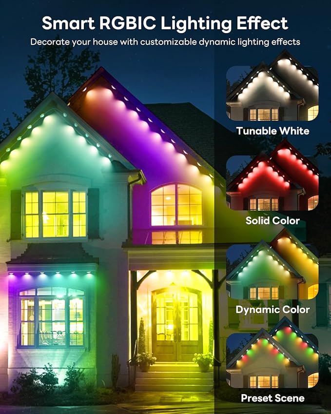 Pak Permanent Outdoor Lights, 50FT Smart RGB+IC LED Lights for House - IP67 Waterproof Eave Lights for Halloween, Christmas & Parties - DIY Multiple Scene Modes, Works with Alexa & Google Assistant