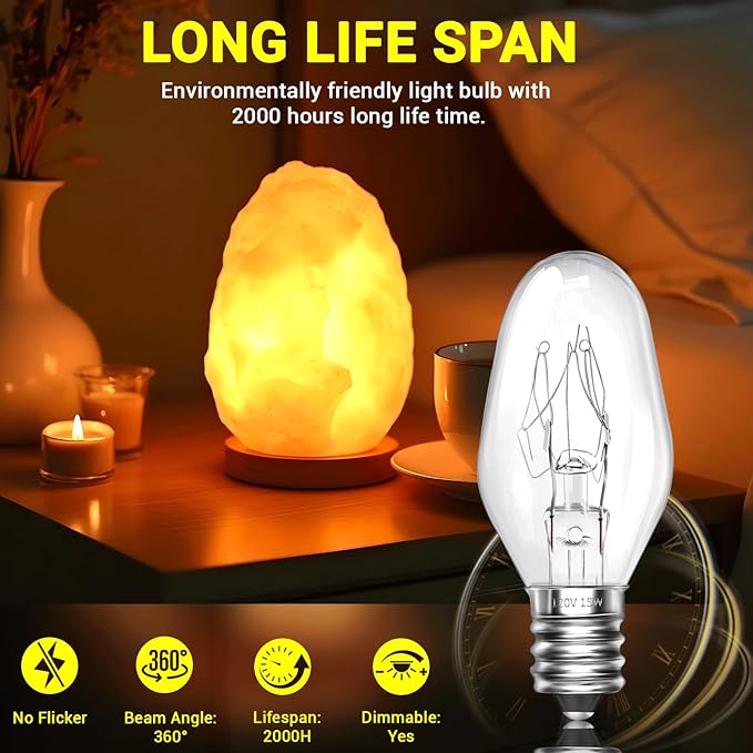 Himalayan Salt Lamp Bulbs 15W C7 Dimmable Rock Salt Light Bulbs E12 Base Night Light Bulbs for Scentsy Wax Warmer, Salt Lamp, Plug in Wax Diffuser Pack of 2