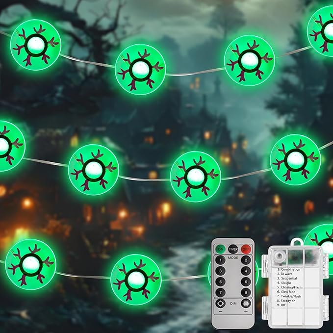 Halloween Decorations Fairy Lights Green Eysball, 30 LED Copper String Lights with Remote Control Battery Operated for Cosplay Party Supplies, Gothic Halloween Decor