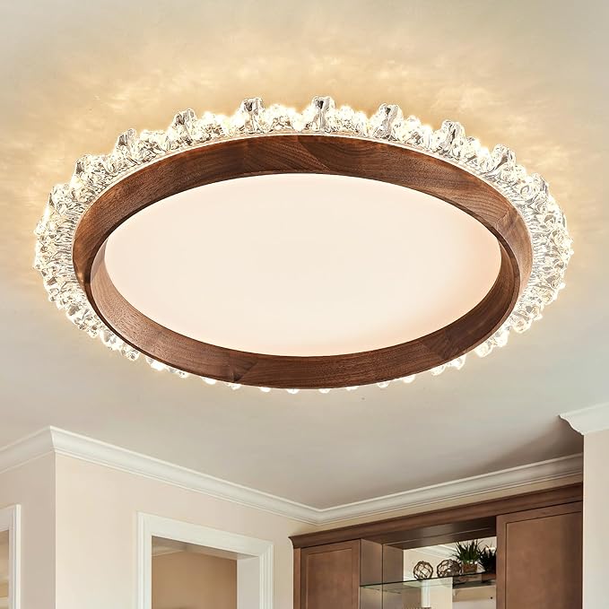 Modern LED Ceiling Light,Dimmable Wood Flush Mount Ceiling Light Fixture,3000K-6000K Round Remote Control Walnut Wood Ceiling Lamp Fixture for Bedroom,entrway,Laundry Room,Kitchen,Hallway,Living Room