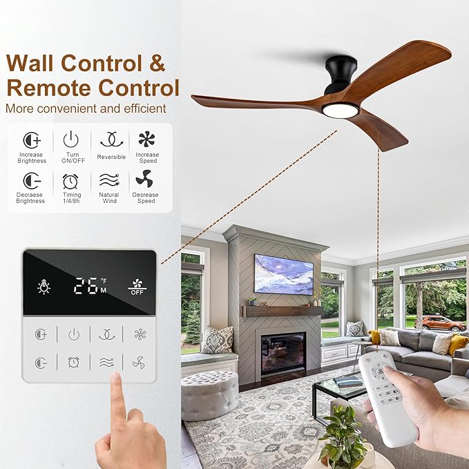 52 inch Flush Mount Ceiling Fans with Lights,Remote Control,Wall Switch,Solid Wood Blades,Dimmable,Reversible,Noiseless,Power Off Memory Low Profile Ceiling Fan for Bedroom Patio Indoor/Outdoor
