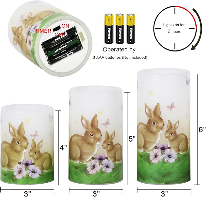 Eldnacele Easter Bunny Flameless Flickering Candles with 6H Timer Battery Operated Real Wax Candles Easter Eggs Lilies Rabbits Home Decor 4”5”6”H (3”D)