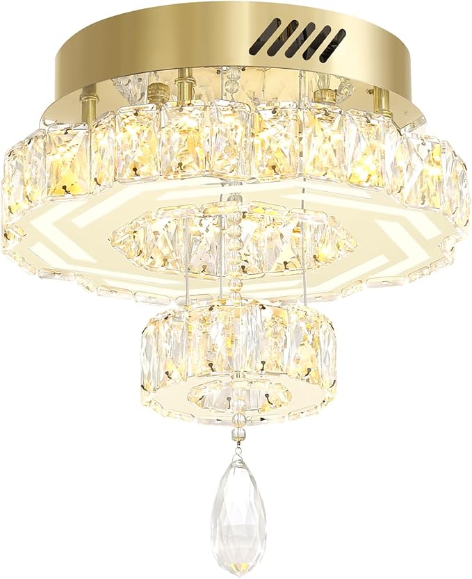 Flashing God Small Crystal Chandeliers Dia 12" Gold Chandelier Flush Mount Ceiling Light for Bedroom Living Room Dining Room Hallway Dimmable 3 Rings LED Celing Lighting Fixtures