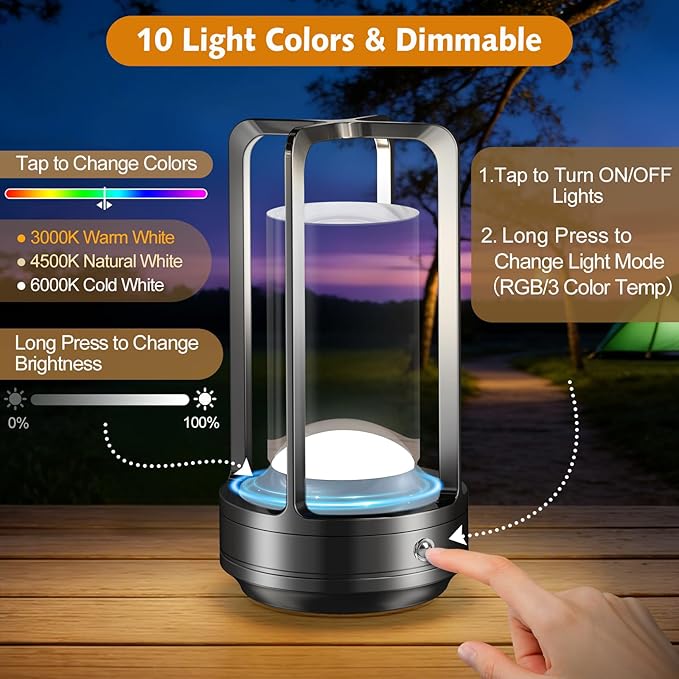 Portable Table Lamp for Outdoor Indoor: Cordless Rechargeable Desk Lamp with 3 Color Stepless Dimmable - Metal Battery Operated Lantern Light for Bedroom/Bar/Coffee Shop/Camping (Black+RGB)
