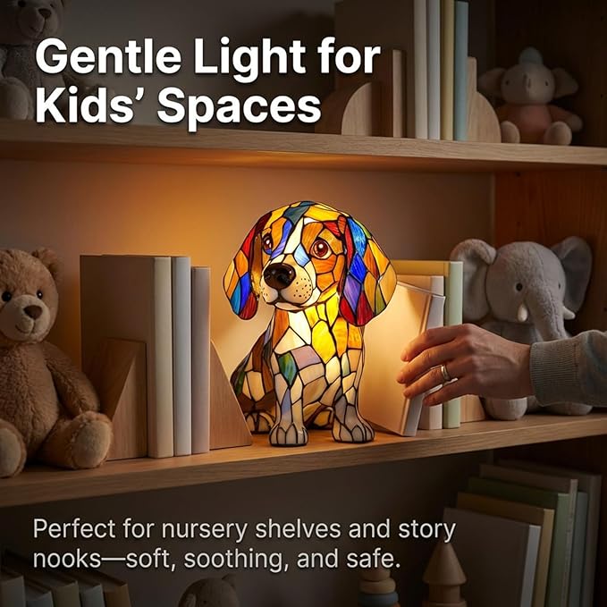 Rainbow Puppy Lamp Stained Glass Dog Night Light 3D Retro Stained Resin Rainbow Pup Lights Charge Powered Table Lamp Puppy Glow Lamps for Home Bedroom Desk (J)